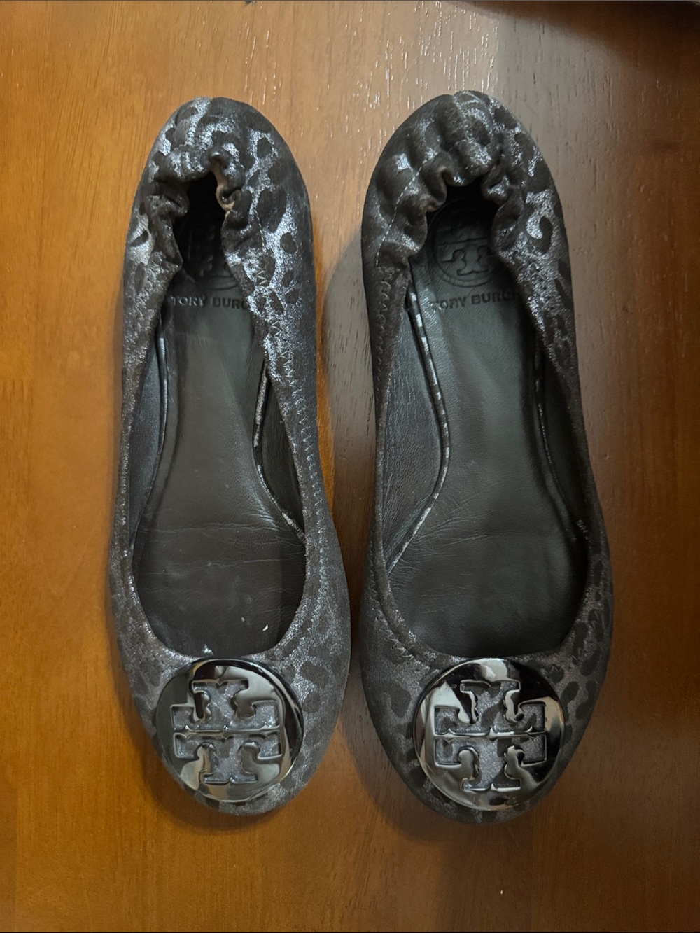 Tory Burch Metallic Leopard-Print Ballet Flats in Black